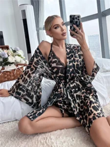 Summer Women's Pyjamas Set Leopard Trumpet Sleeve Robe & Crisscross Backless Romper