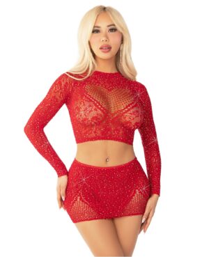 Leg Avenue Rhinestone Crop Top and Mini Skirt Red