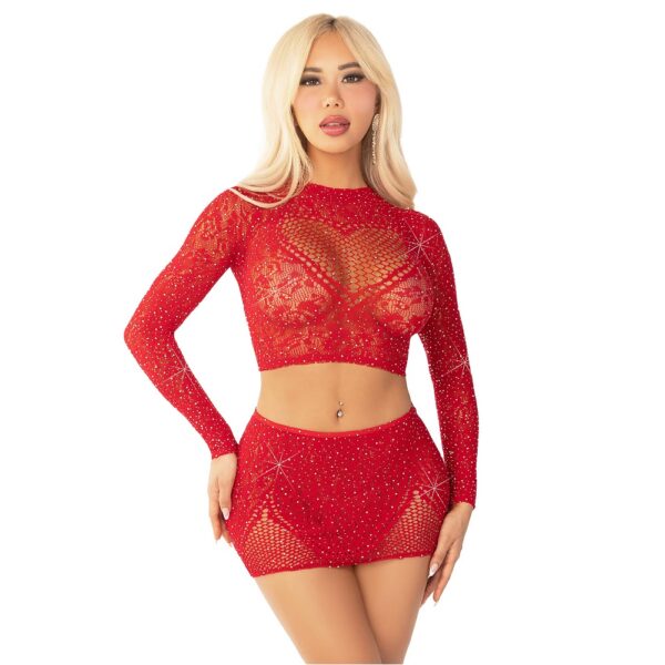 Leg Avenue Rhinestone Crop Top and Mini Skirt Red