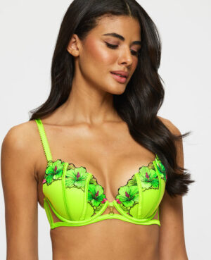 Caged Hibiscus Padded Plunge Bra – Lime