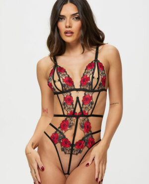 Caged Rose Crotchless Body – Black