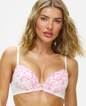 Sexy Lace Padded Plunge Bra – White/Pink