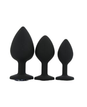 Toosh Silicone Butt Plug Black Set of 3 Clear Stone